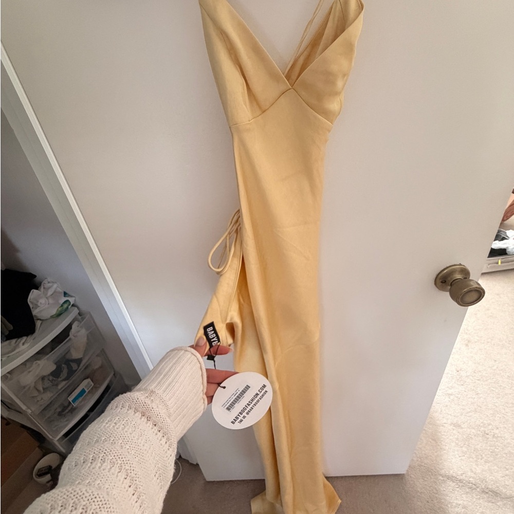 Sleek Yellow Satin Maxi Slip Dress with High Slit (Isobel Maxi Dress) - Picture 3 of 4